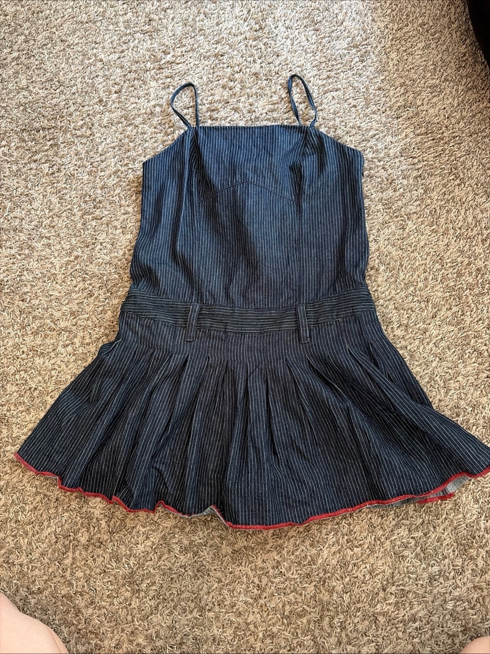 Pilcro Navy Pinstripe Spaghetti-Strap Dress with Red Hem